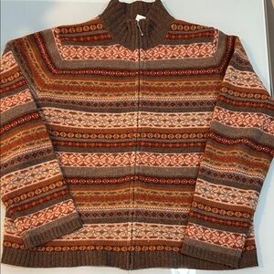 Vintage zippered lamsbwool cardigan oranges browns sweater Sarah Spencer